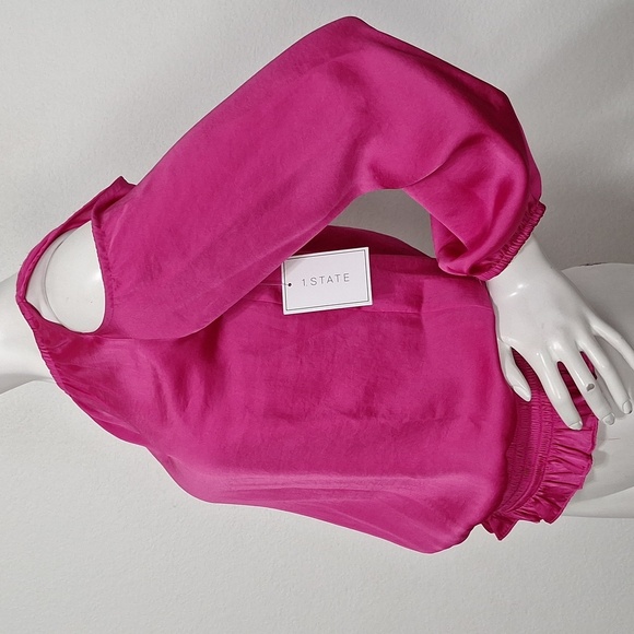 1. State 'NEW" Pink Coquette Romantic Smocked Satin Cold Shoulder Blouse Size XS - Picture 5 of 15